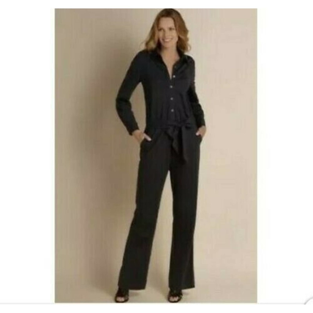 Soft Surroundings Weekend Jumpsuit Large Black Tie Waist Long Sleeve Button Down